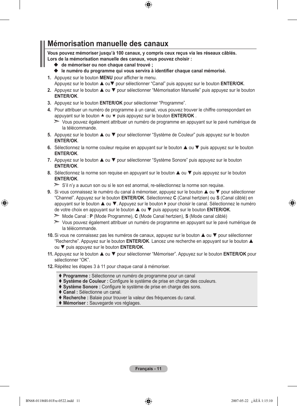 Mémorisation manuelle des canaux | Samsung LE32M87BD User Manual | Page 73 / 545