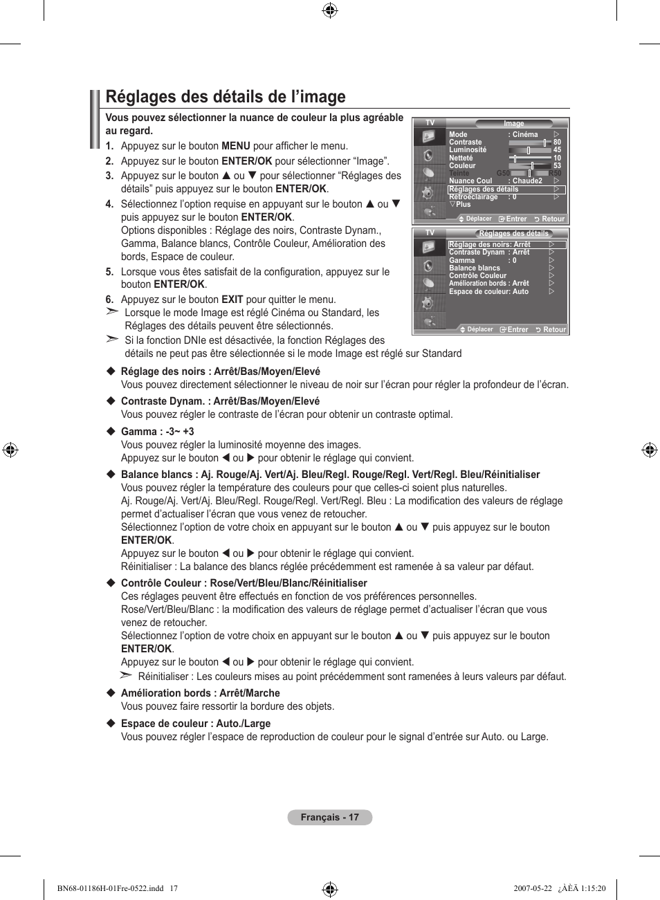 Réglages des détails de l’image | Samsung LE32M87BD User Manual | Page 79 / 545