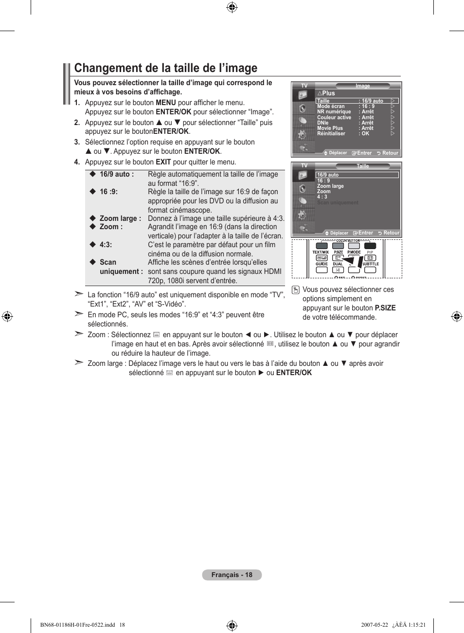 Changement de la taille de l’image | Samsung LE32M87BD User Manual | Page 80 / 545