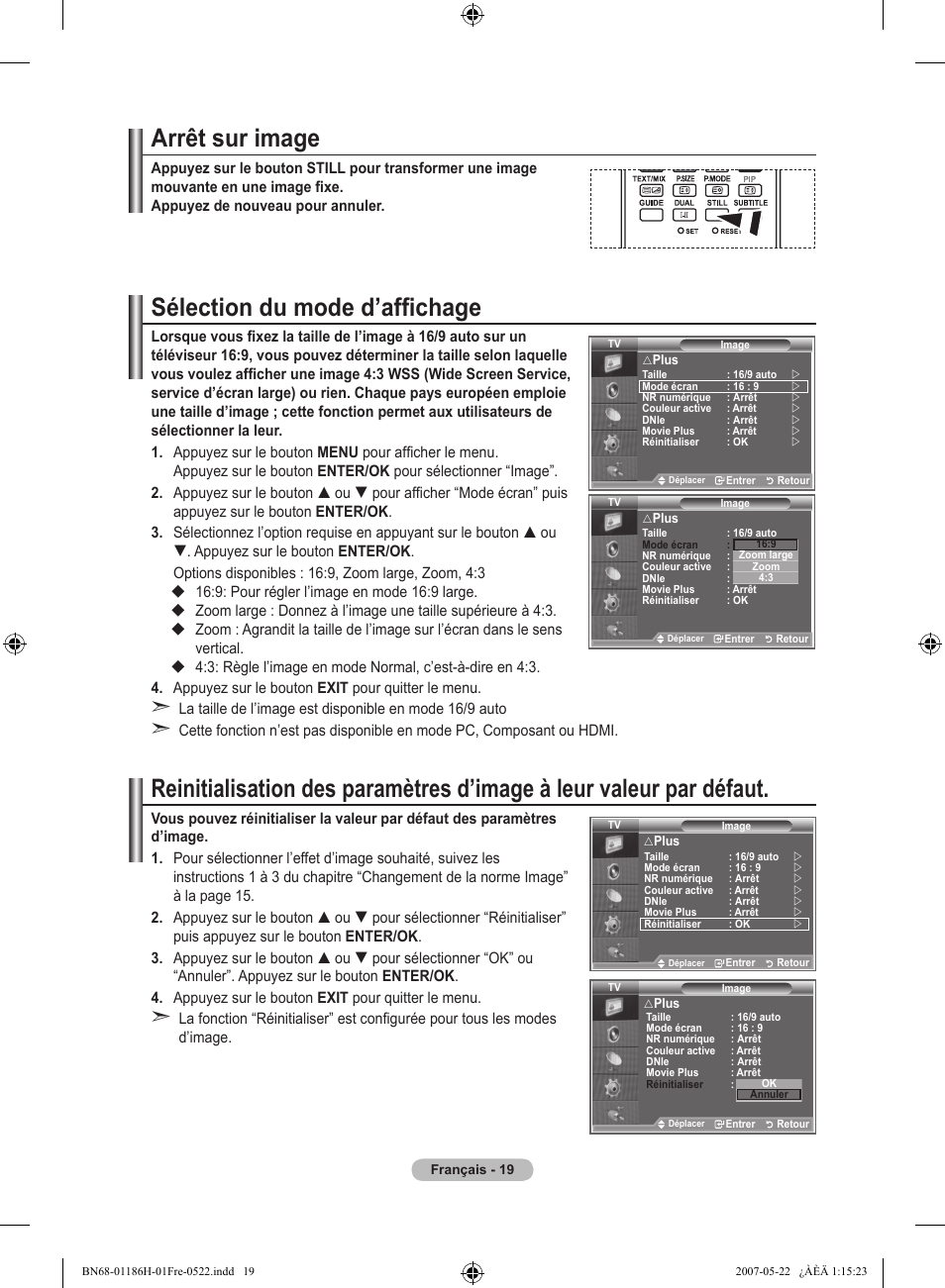 Arrêt sur image, Sélection du mode d’affichage | Samsung LE32M87BD User Manual | Page 81 / 545