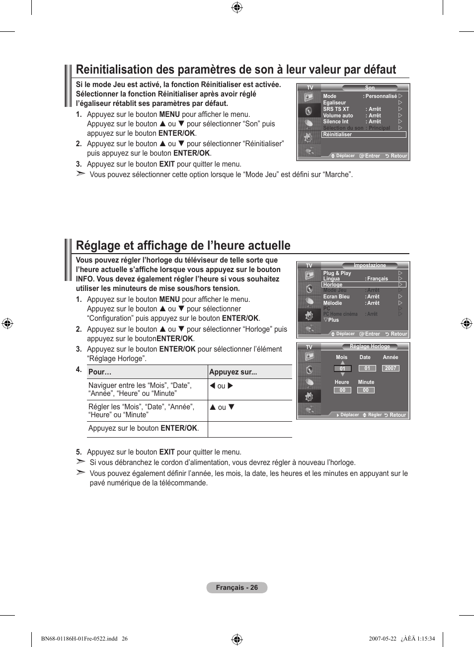 Réglage et affichage de l’heure actuelle | Samsung LE32M87BD User Manual | Page 88 / 545