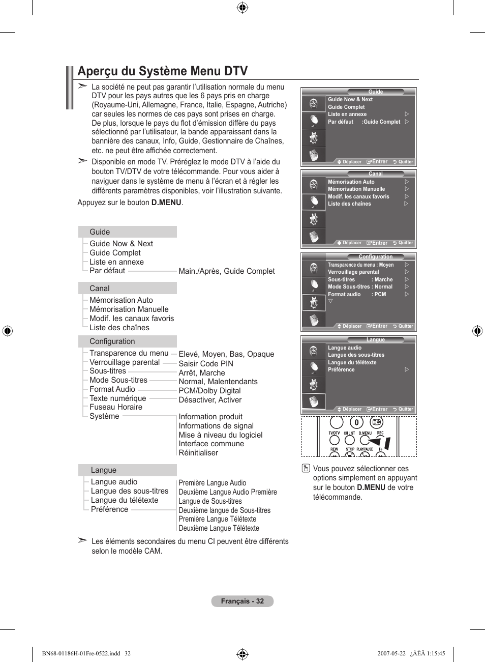 Aperçu du système menu dtv | Samsung LE32M87BD User Manual | Page 94 / 545