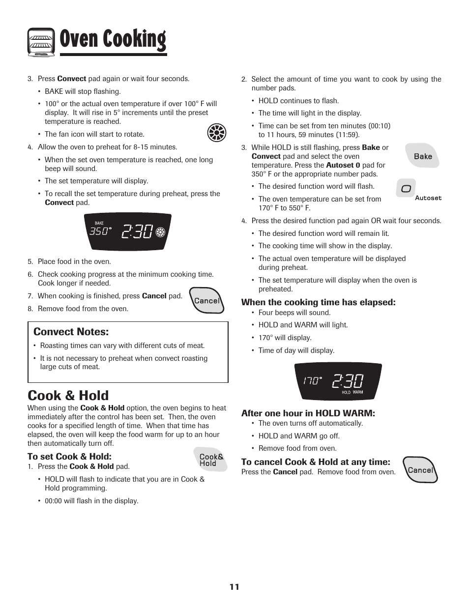 Oven cooking, Cook & hold | Amana 800 User Manual | Page 12 / 80