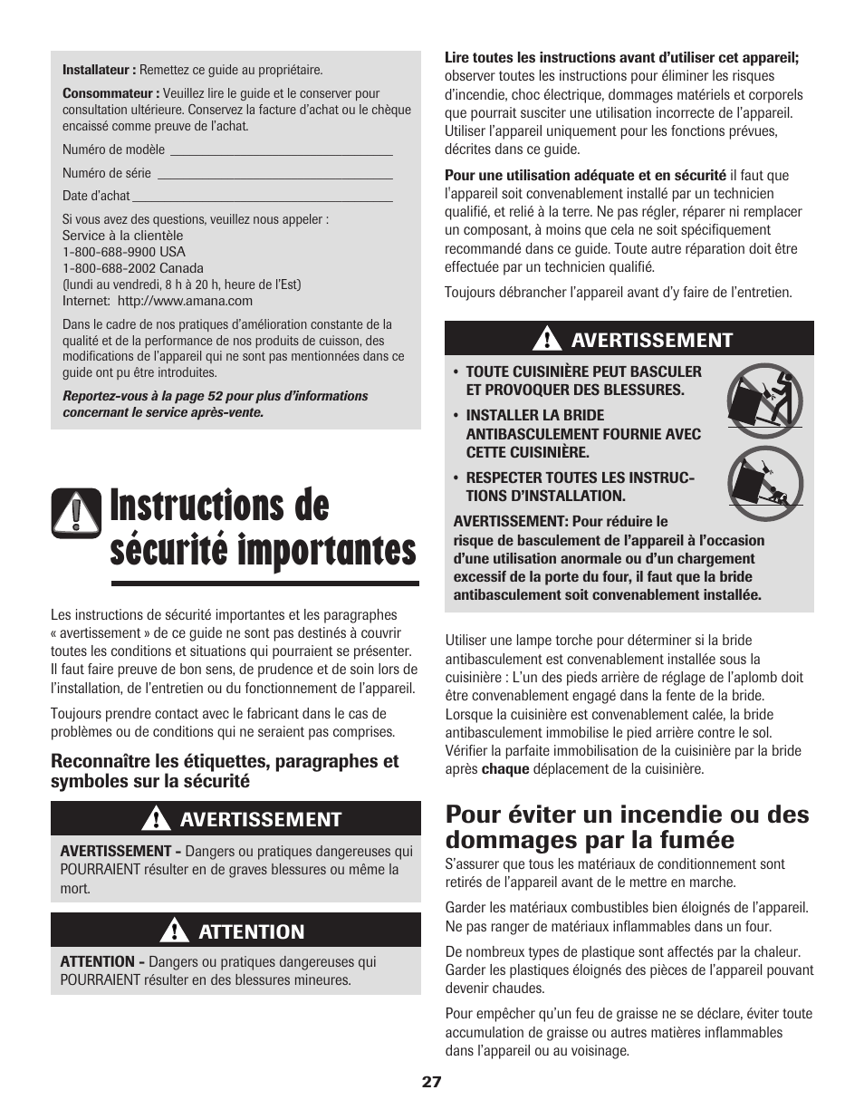 Instructions de sécurité importantes | Amana 800 User Manual | Page 28 / 80