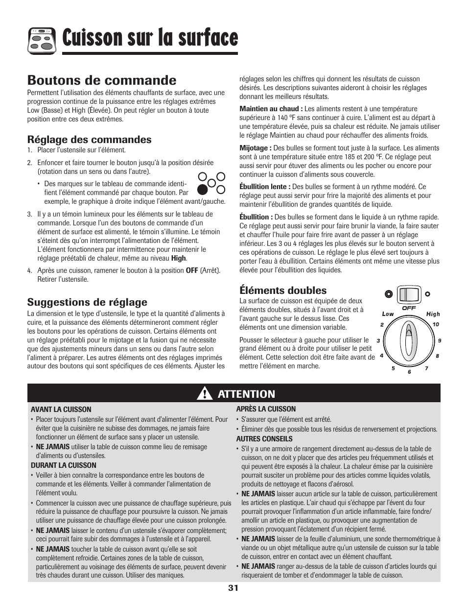 Cuisson sur la surface, Boutons de commande, Réglage des commandes | Suggestions de réglage, Attention, Éléments doubles | Amana 800 User Manual | Page 32 / 80