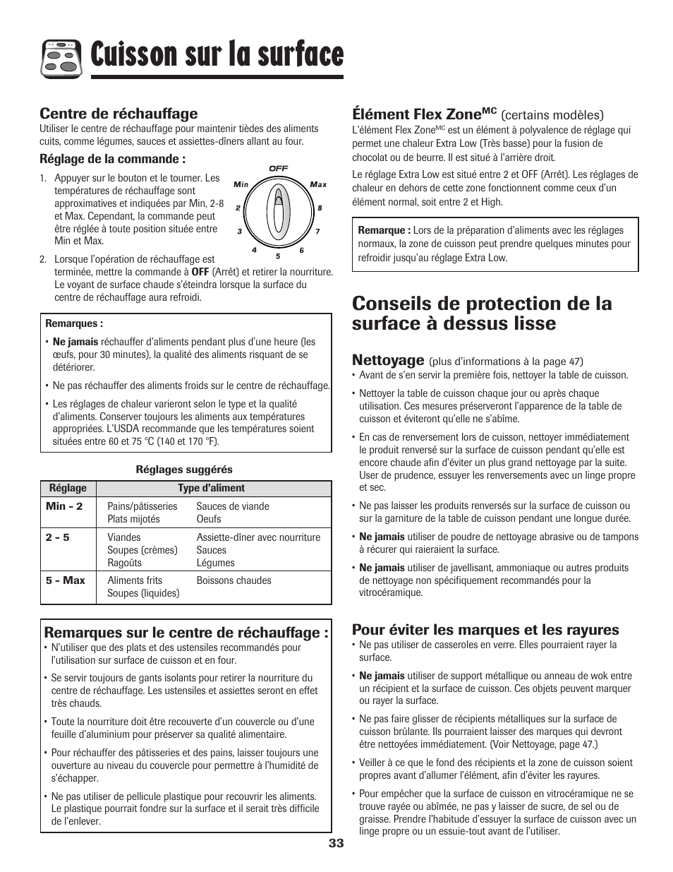 Cuisson sur la surface, Nettoyage, Pour éviter les marques et les rayures | Élément flex zone, Centre de réchauffage, Remarques sur le centre de réchauffage | Amana 800 User Manual | Page 34 / 80