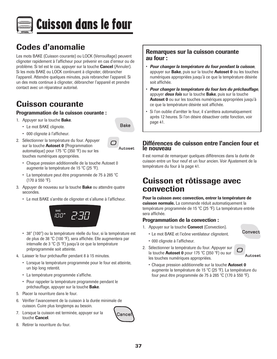 Cuisson dans le four, Codes d’anomalie, Cuisson courante | Cuisson et rôtissage avec convection, Remarques sur la cuisson courante au four | Amana 800 User Manual | Page 38 / 80