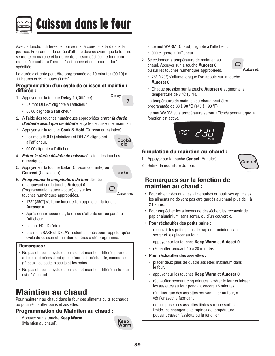 Cuisson dans le four, Maintien au chaud, Remarques sur la fonction de maintien au chaud | Amana 800 User Manual | Page 40 / 80