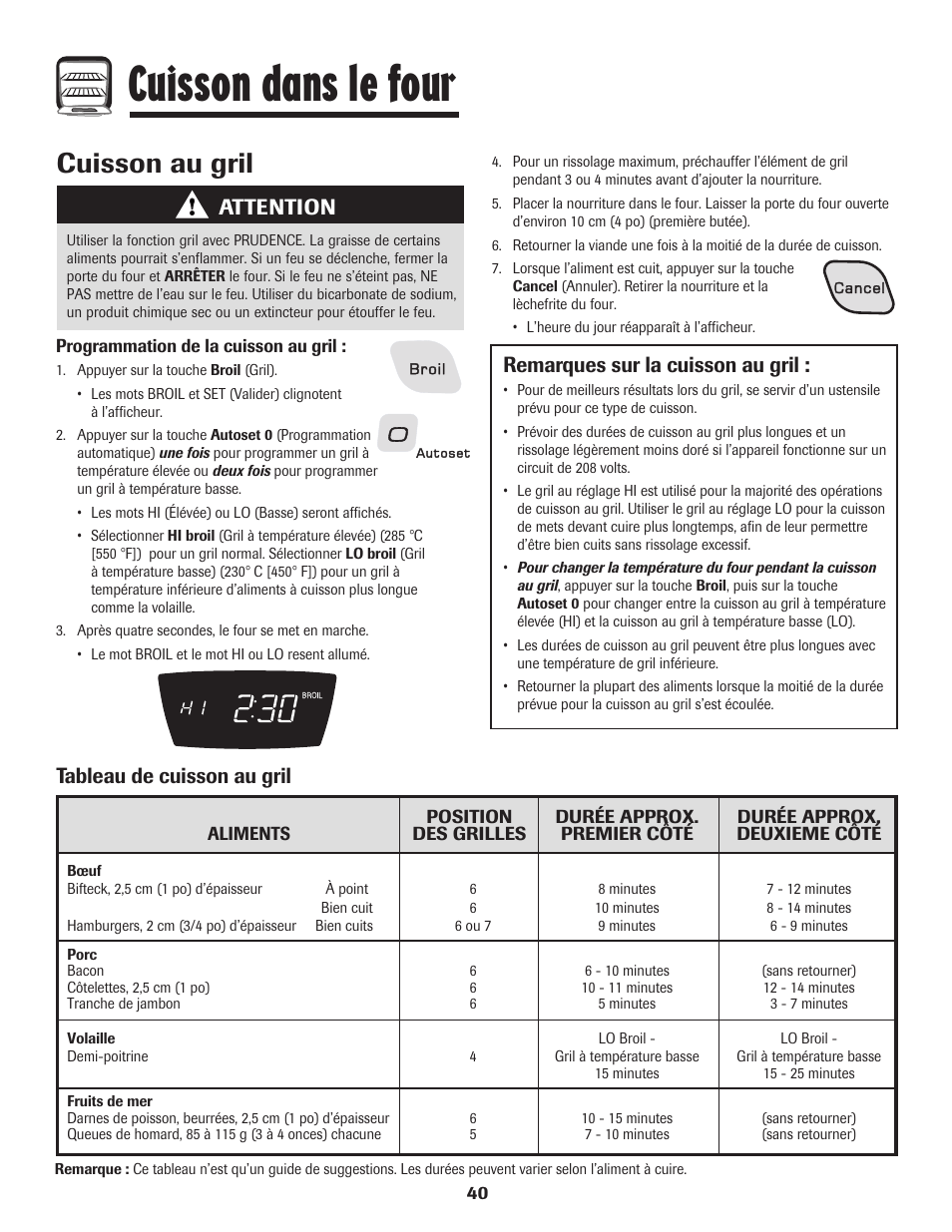 Cuisson dans le four, Cuisson au gril, Remarques sur la cuisson au gril | Tableau de cuisson au gril, Attention | Amana 800 User Manual | Page 41 / 80