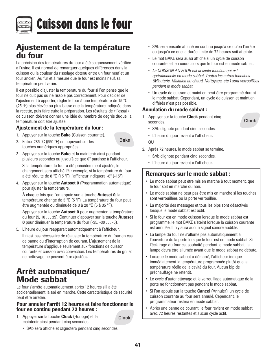 Cuisson dans le four, Arrêt automatique/ mode sabbat, Ajustement de la température du four | Remarques sur le mode sabbat | Amana 800 User Manual | Page 42 / 80