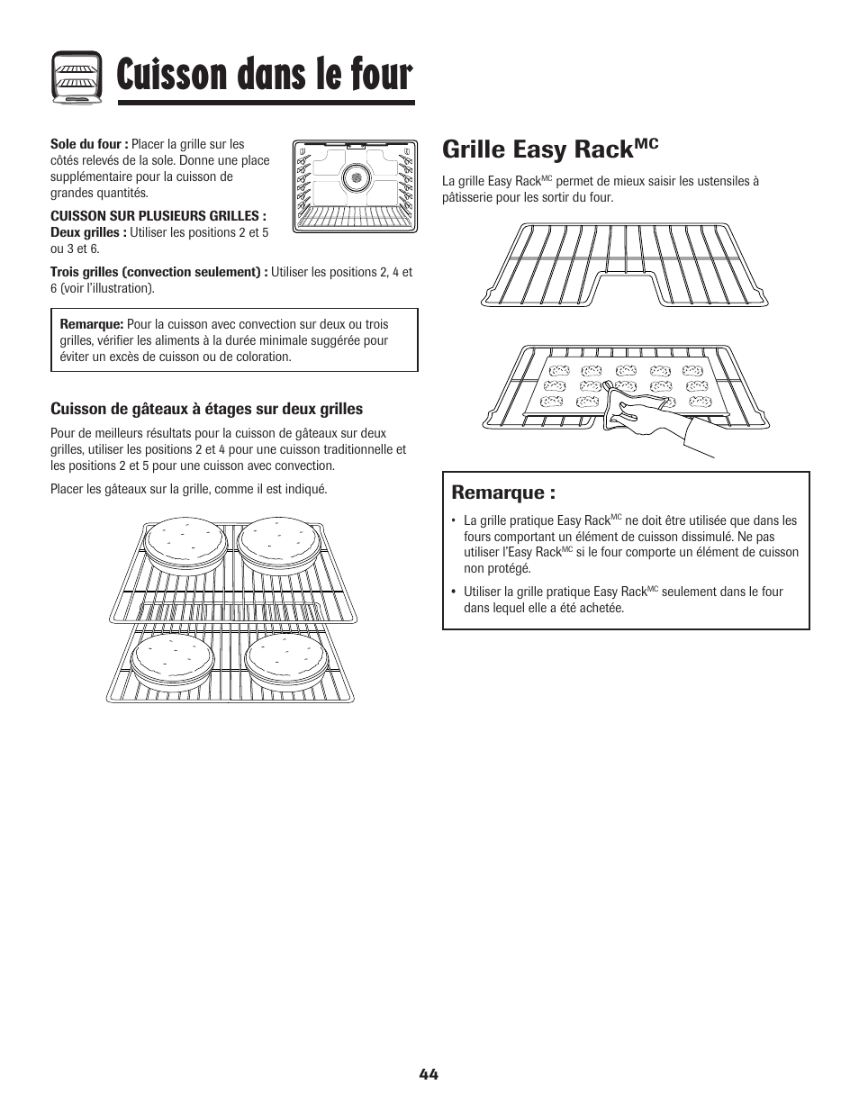 Cuisson dans le four, Grille easy rack, Remarque | Amana 800 User Manual | Page 45 / 80