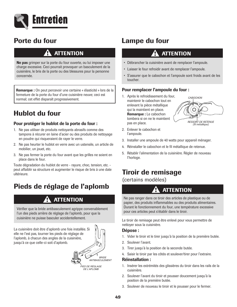 Entretien, Porte du four, Hublot du four | Lampe du four, Pieds de réglage de l’aplomb, Tiroir de remisage, Attention, Certains modèles) attention | Amana 800 User Manual | Page 50 / 80