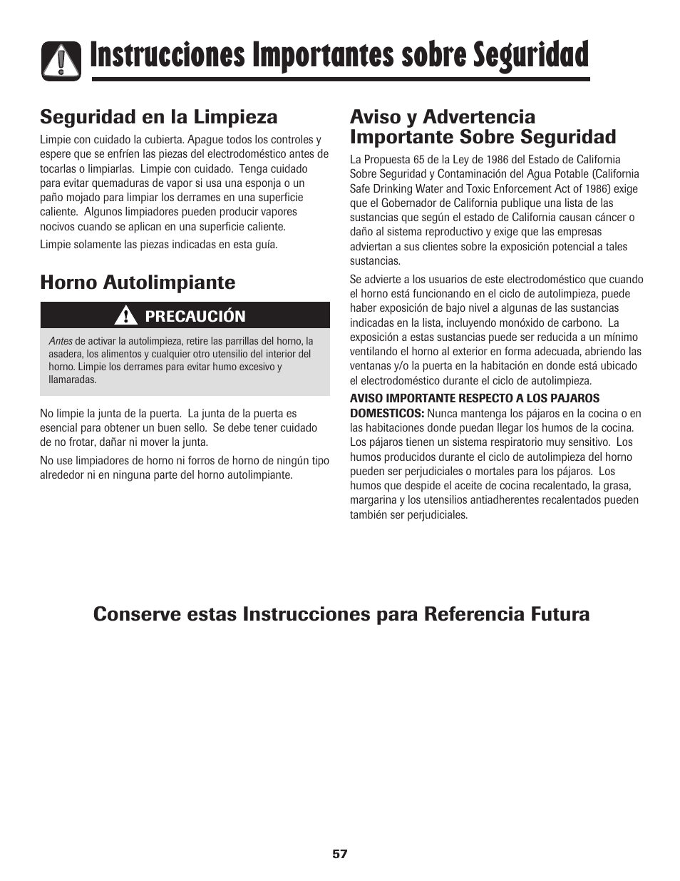 Instrucciones importantes sobre seguridad, Seguridad en la limpieza, Horno autolimpiante | Aviso y advertencia importante sobre seguridad | Amana 800 User Manual | Page 58 / 80