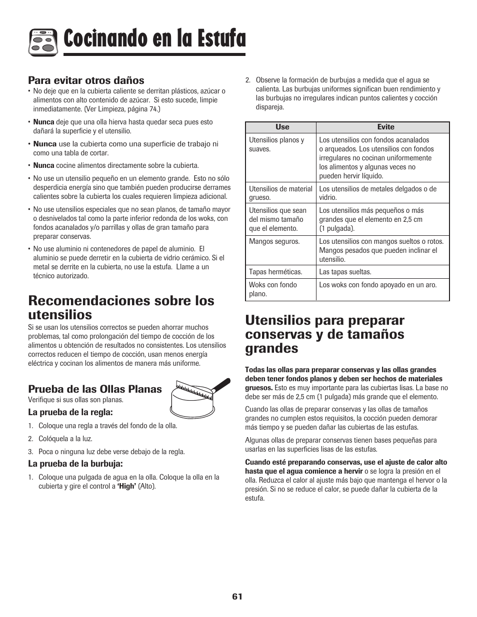 Cocinando en la estufa, Recomendaciones sobre los utensilios, Prueba de las ollas planas | Para evitar otros daños | Amana 800 User Manual | Page 62 / 80