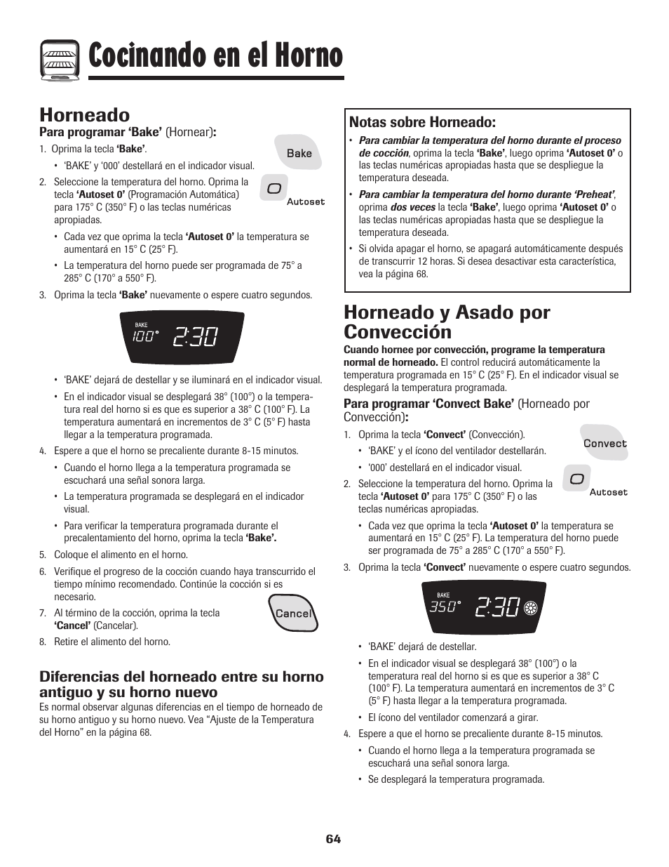 Cocinando en el horno, Horneado y asado por convección, Horneado | Notas sobre horneado | Amana 800 User Manual | Page 65 / 80