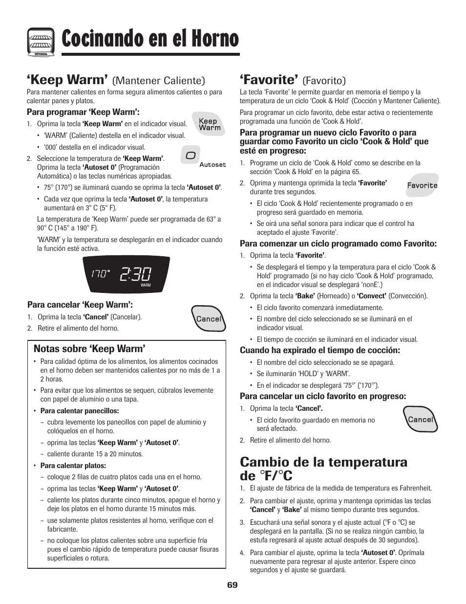 Cocinando en el horno, Favorite, Keep warm | Cambio de la temperatura de, Favorito), Mantener caliente), Notas sobre ‘keep warm | Amana 800 User Manual | Page 70 / 80