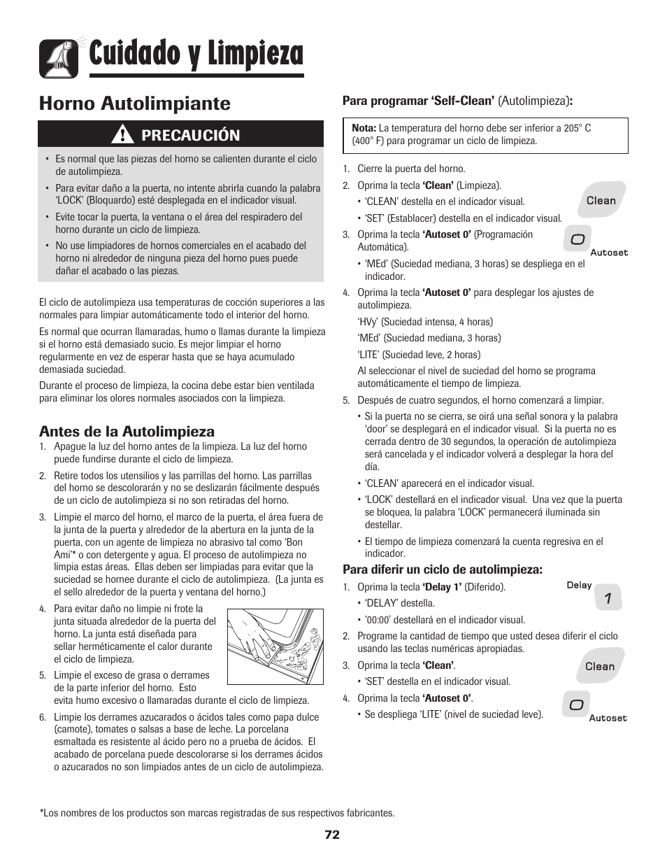 Cuidado y limpieza, Horno autolimpiante, Antes de la autolimpieza | Precaución | Amana 800 User Manual | Page 73 / 80