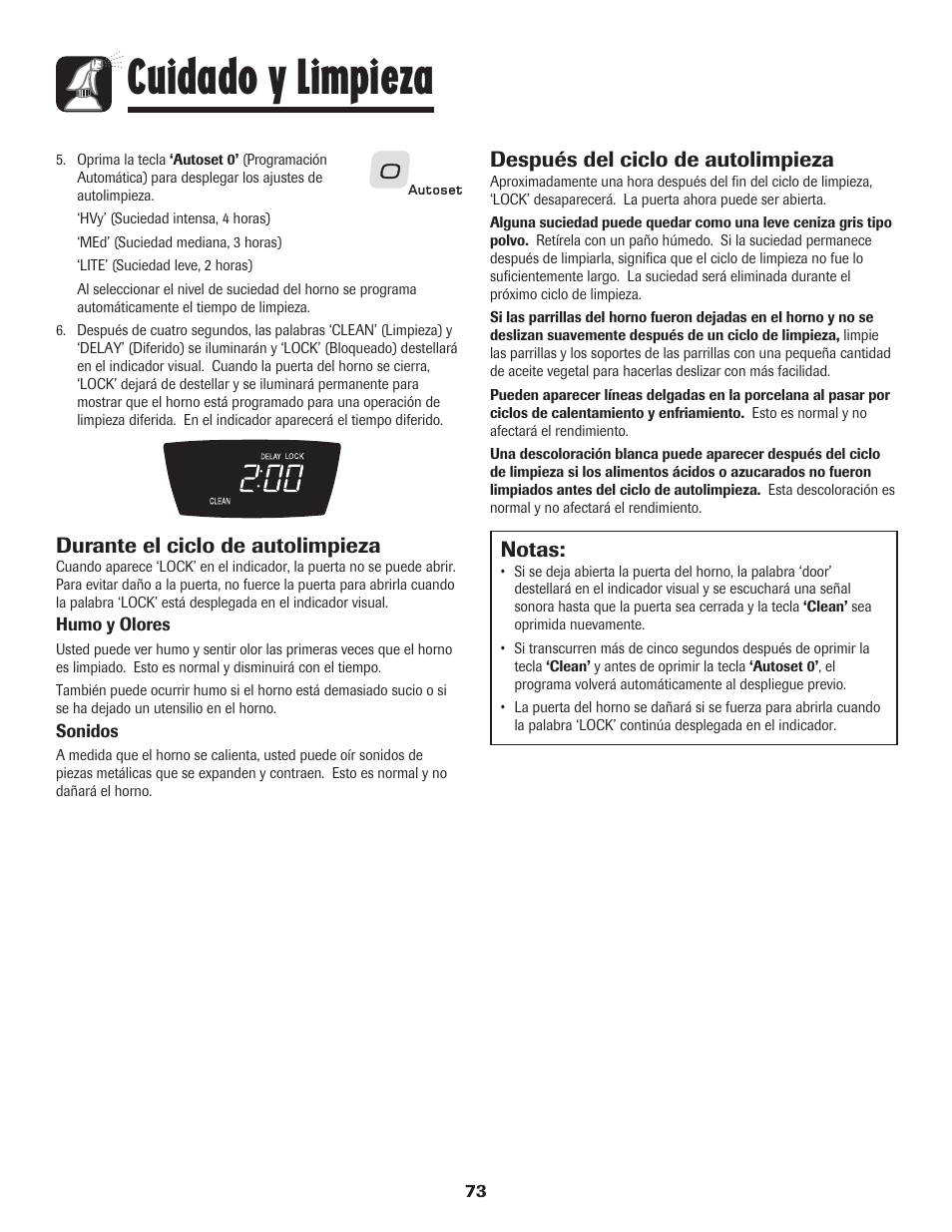 Cuidado y limpieza, Notas, Después del ciclo de autolimpieza | Durante el ciclo de autolimpieza | Amana 800 User Manual | Page 74 / 80