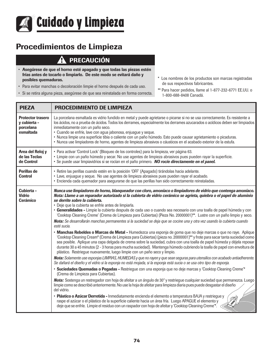 Cuidado y limpieza, Procedimientos de limpieza, Precaución | Amana 800 User Manual | Page 75 / 80