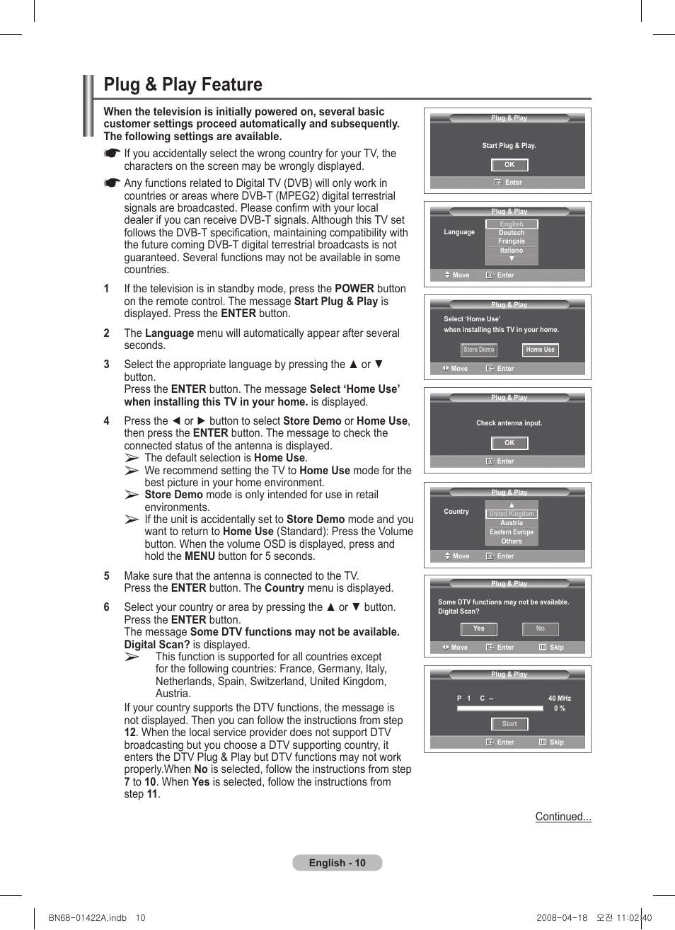 Plug & play feature | Samsung PS50A476P1D User Manual | Page 10 / 444