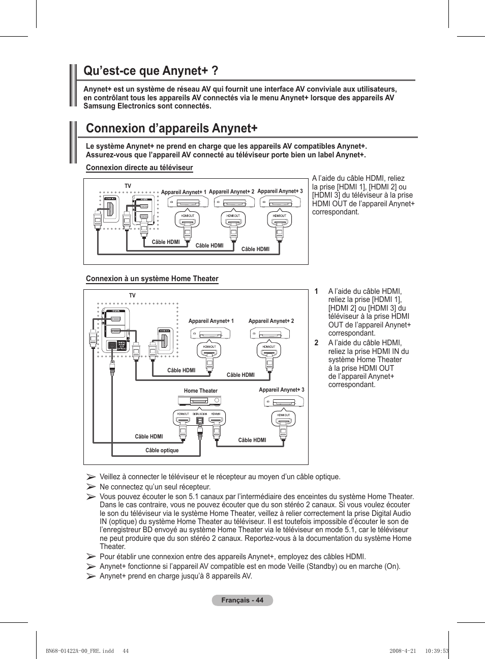 Connexion d’appareils anynet, Qu’est-ce que anynet | Samsung PS50A476P1D User Manual | Page 100 / 444