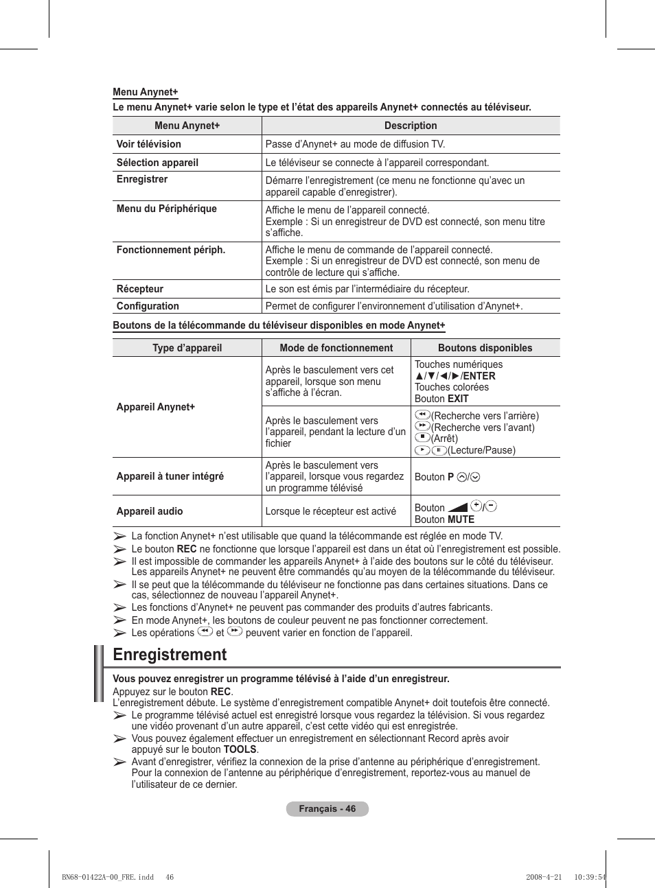 Enregistrement | Samsung PS50A476P1D User Manual | Page 102 / 444
