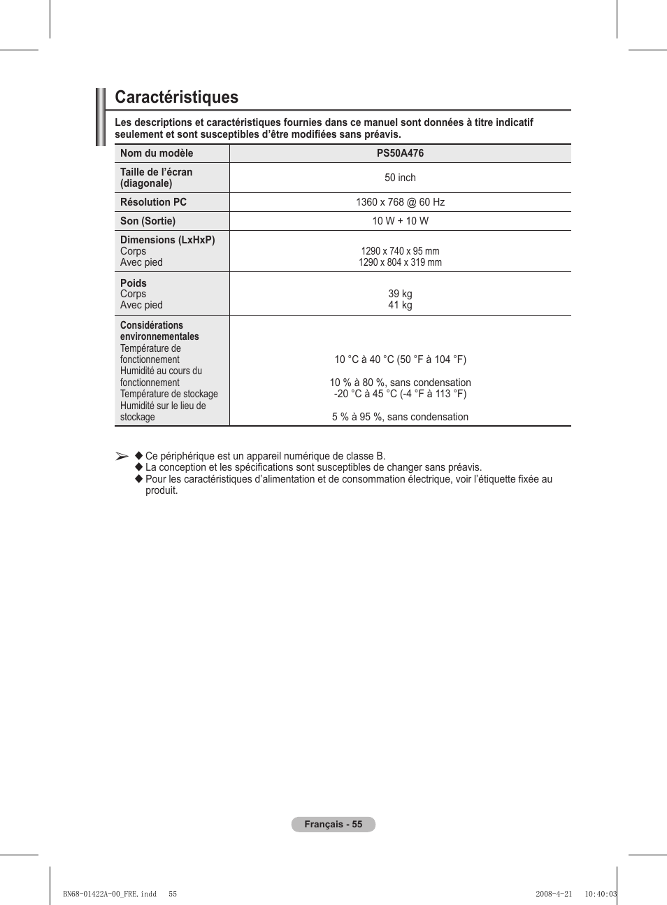 Caractéristiques | Samsung PS50A476P1D User Manual | Page 111 / 444