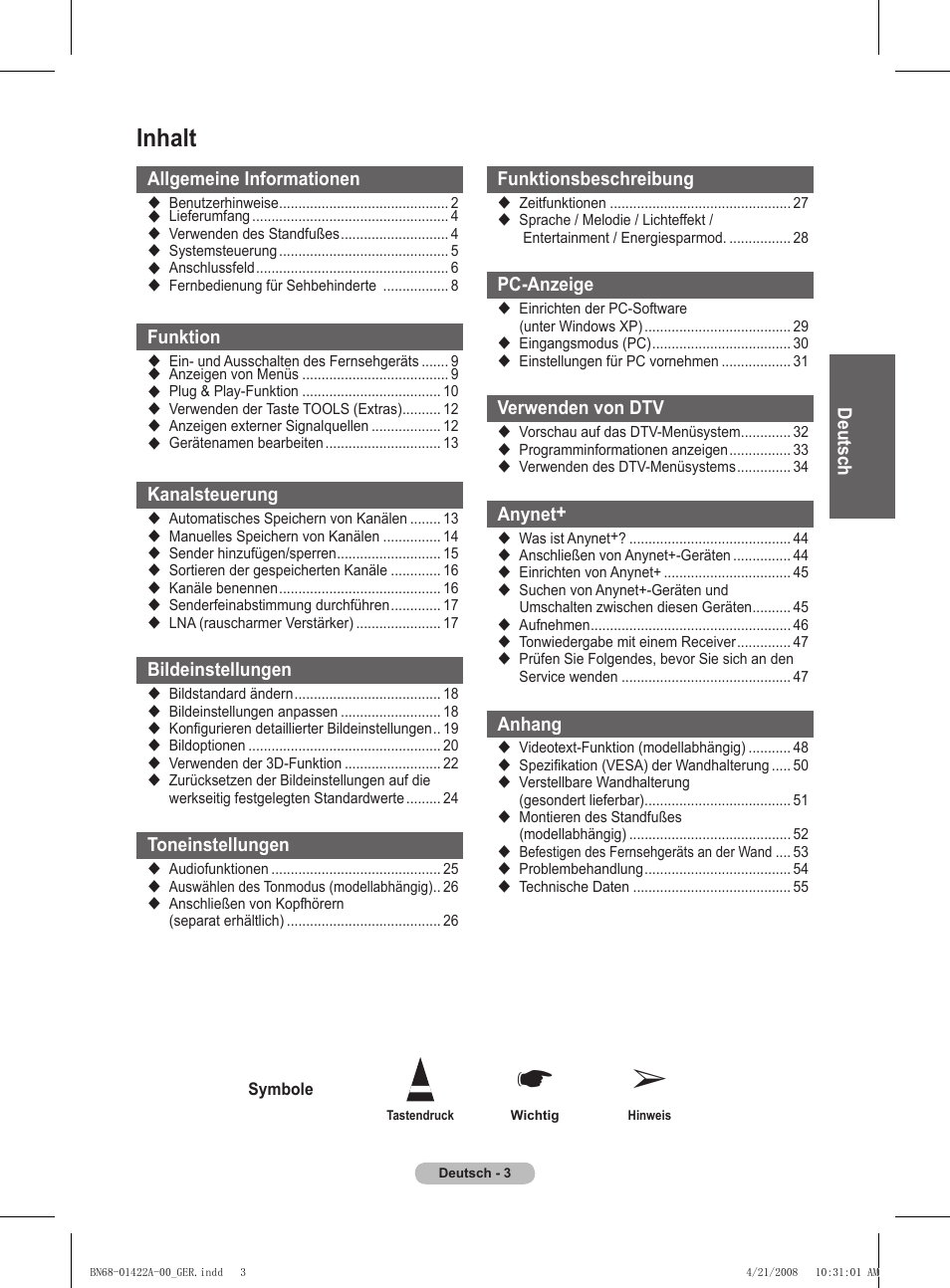 Inhalt | Samsung PS50A476P1D User Manual | Page 114 / 444