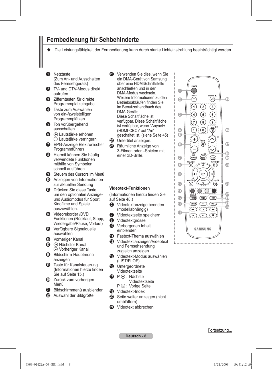 Fernbedienung für sehbehinderte | Samsung PS50A476P1D User Manual | Page 119 / 444