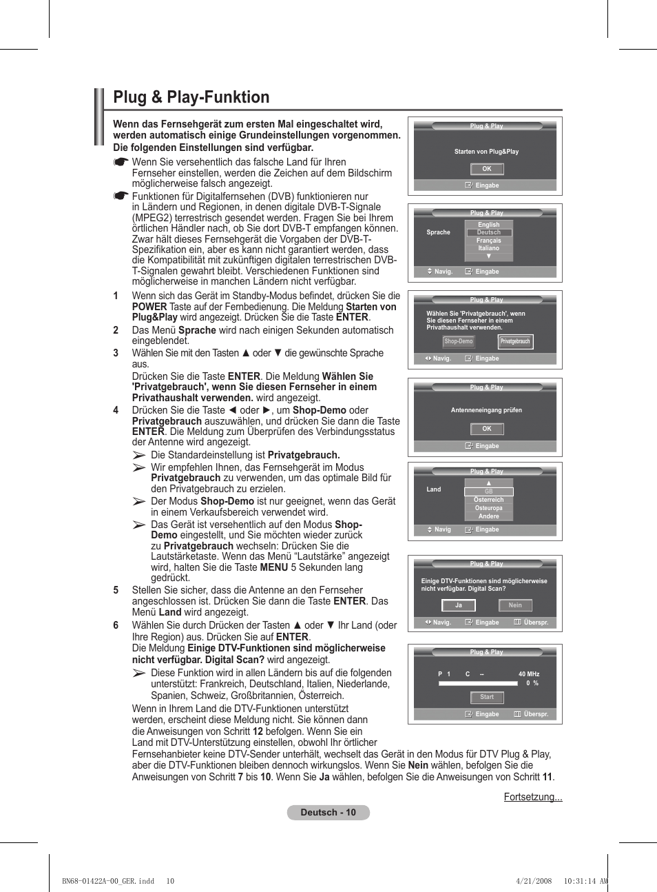 Plug & play-funktion | Samsung PS50A476P1D User Manual | Page 121 / 444