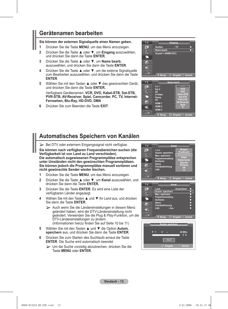 Gerätenamen bearbeiten, Automatisches speichern von kanälen | Samsung PS50A476P1D User Manual | Page 124 / 444