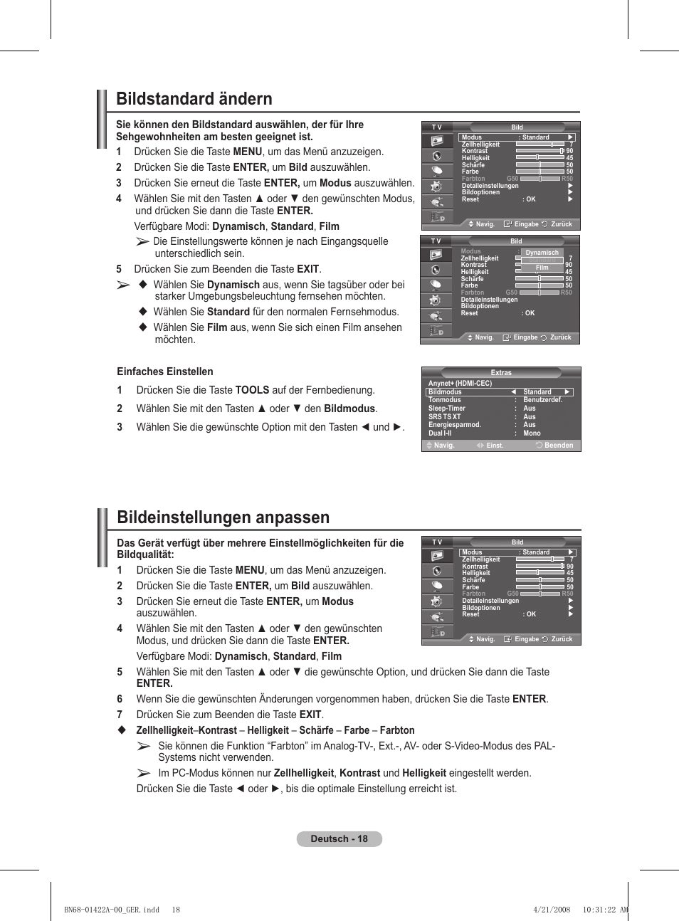 Bildeinstellungen anpassen, Bildstandard ändern, Wählen sie standard für den normalen fernsehmodus | Samsung PS50A476P1D User Manual | Page 129 / 444