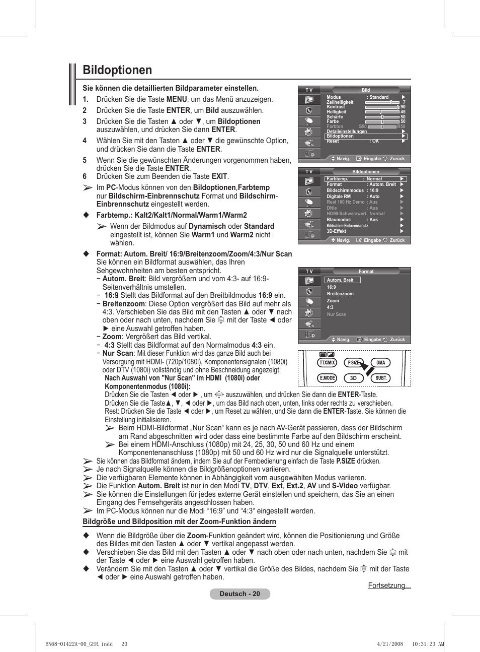 Bildoptionen | Samsung PS50A476P1D User Manual | Page 131 / 444