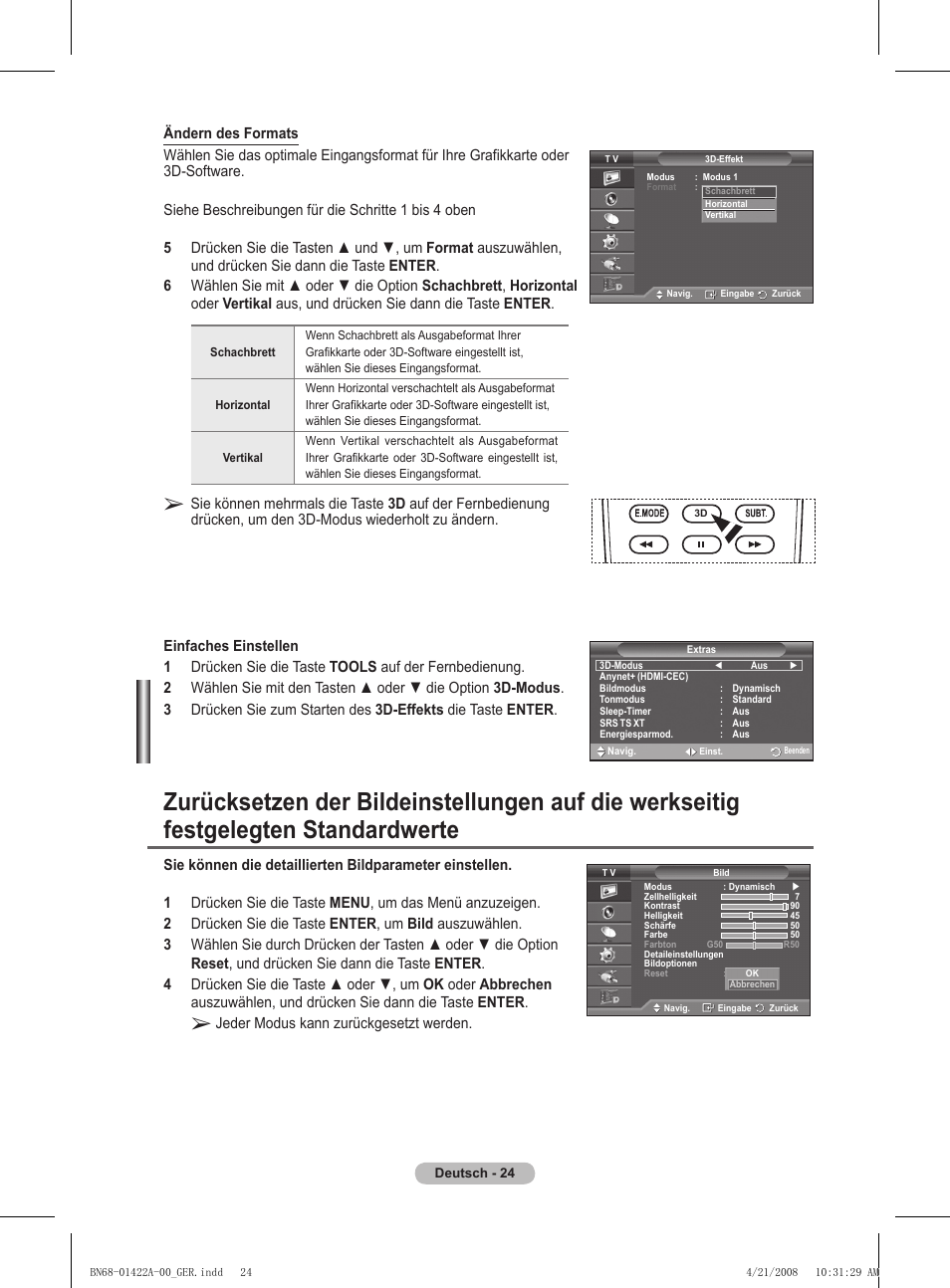 Jeder modus kann zurückgesetzt werden | Samsung PS50A476P1D User Manual | Page 135 / 444