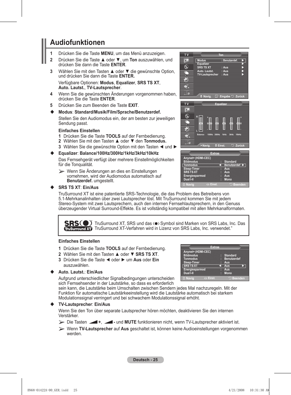 Audiofunktionen | Samsung PS50A476P1D User Manual | Page 136 / 444