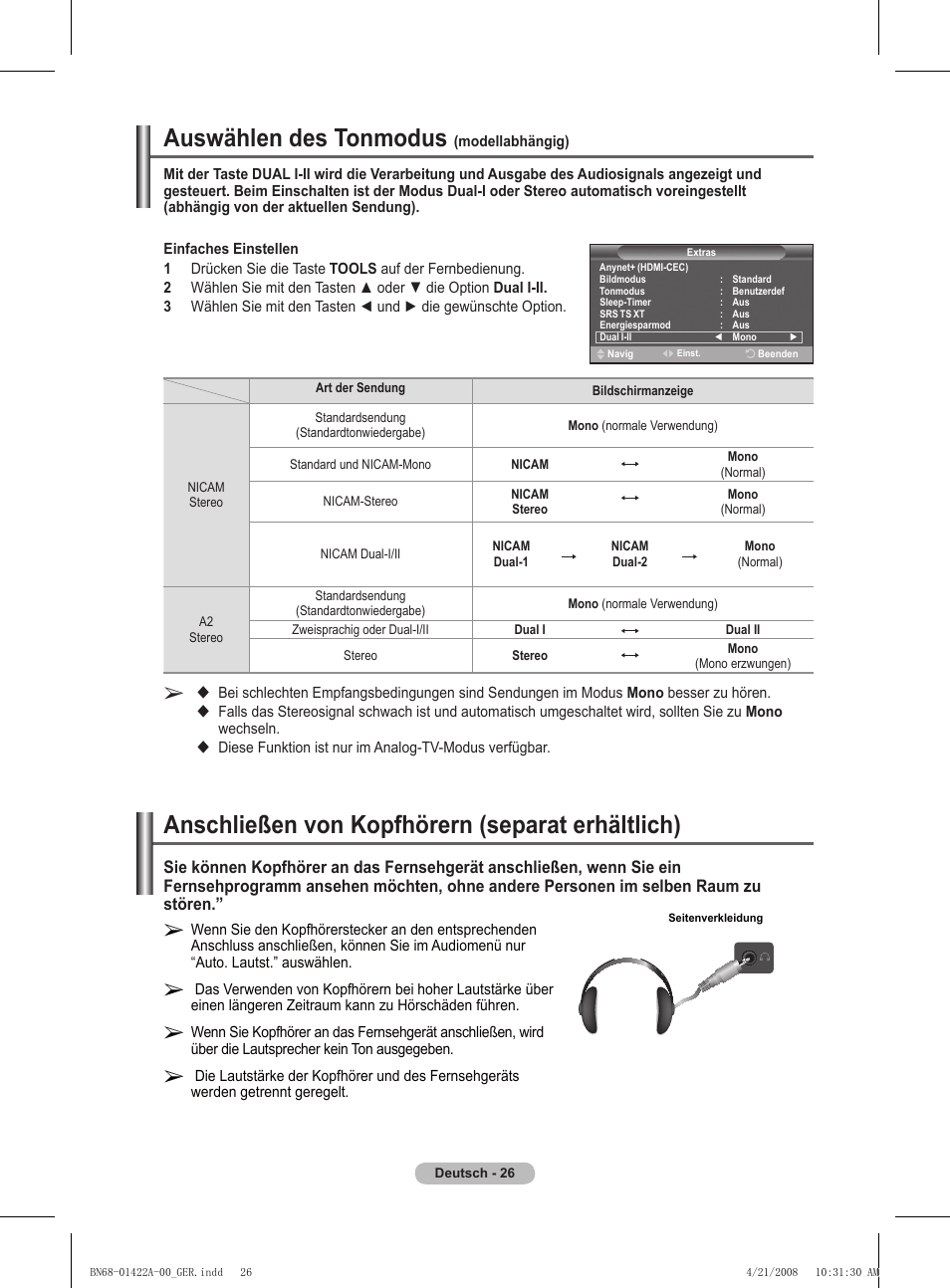 Auswählen des tonmodus, Anschließen von kopfhörern (separat erhältlich) | Samsung PS50A476P1D User Manual | Page 137 / 444