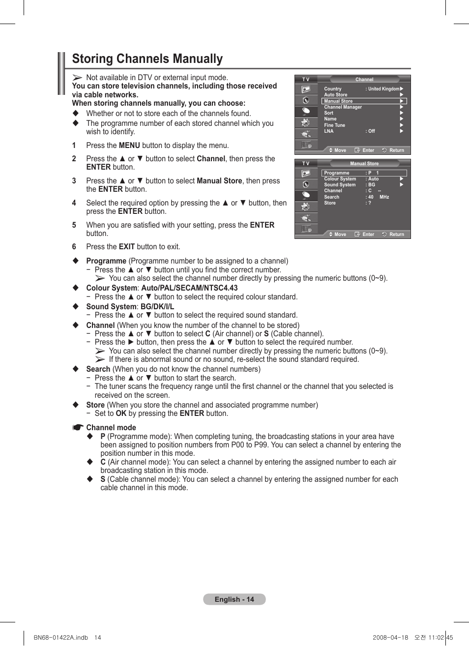 Storing channels manually | Samsung PS50A476P1D User Manual | Page 14 / 444