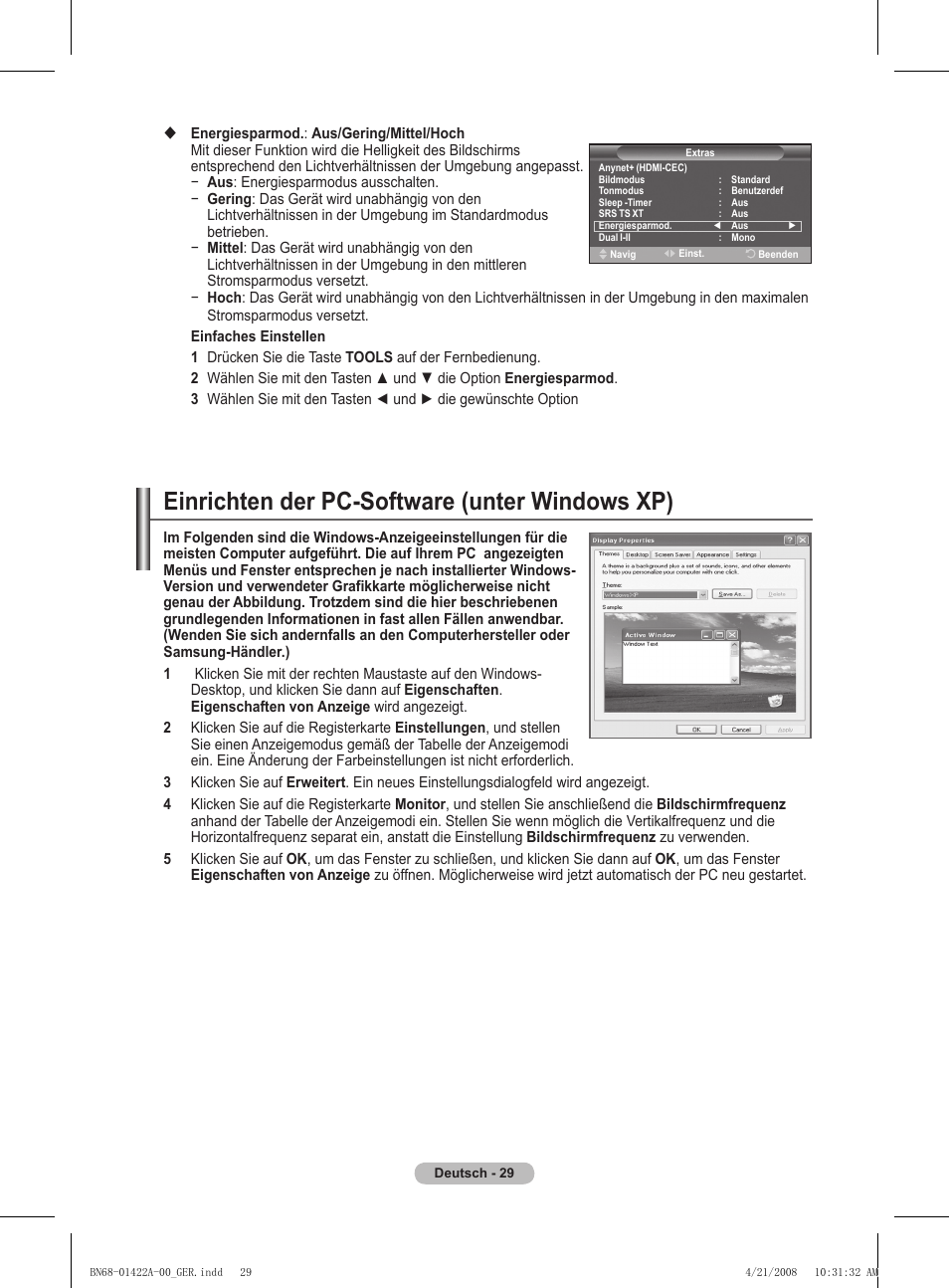 Einrichten der pc-software (unter windows xp) | Samsung PS50A476P1D User Manual | Page 140 / 444