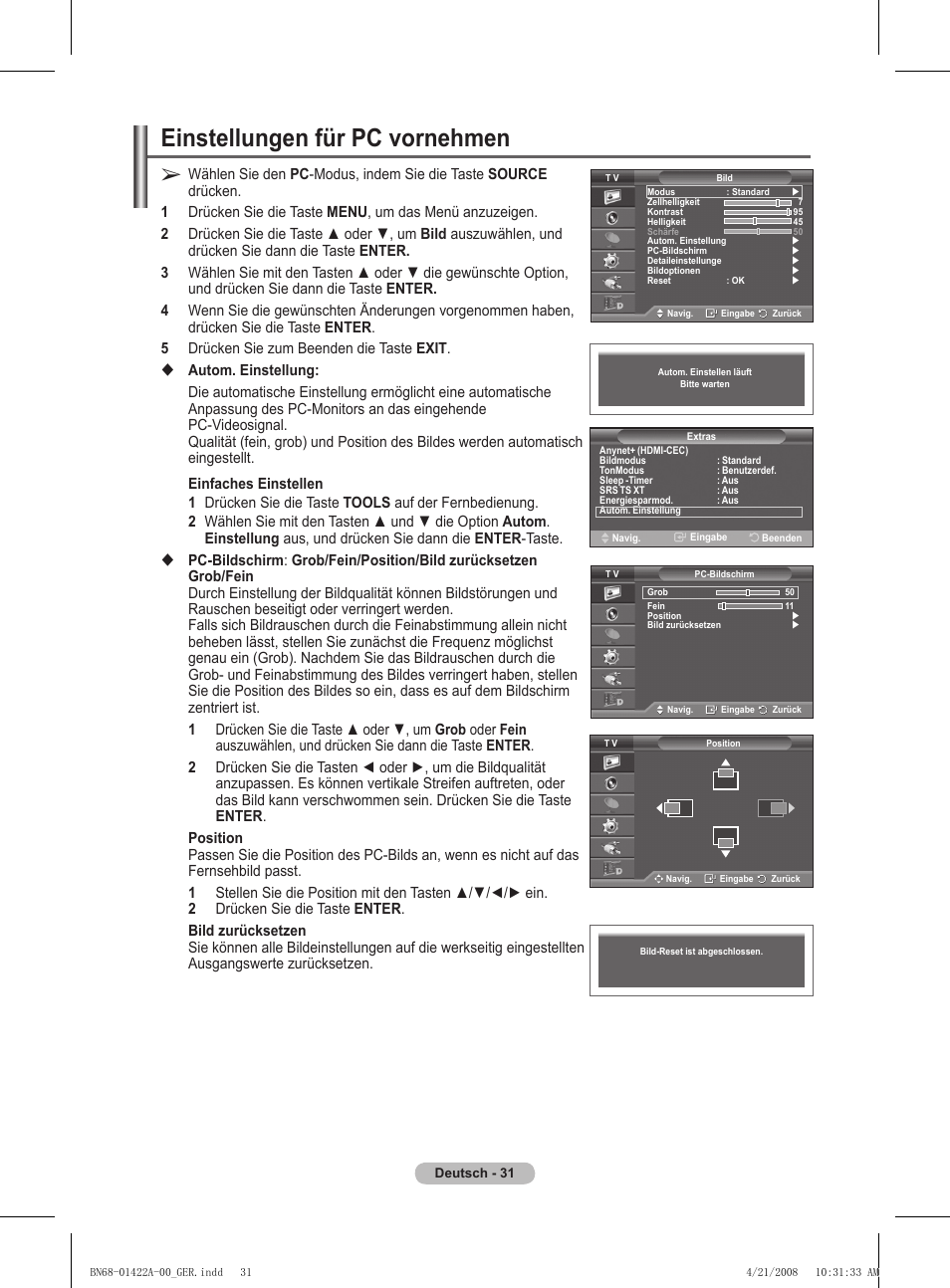 Einstellungen für pc vornehmen | Samsung PS50A476P1D User Manual | Page 142 / 444