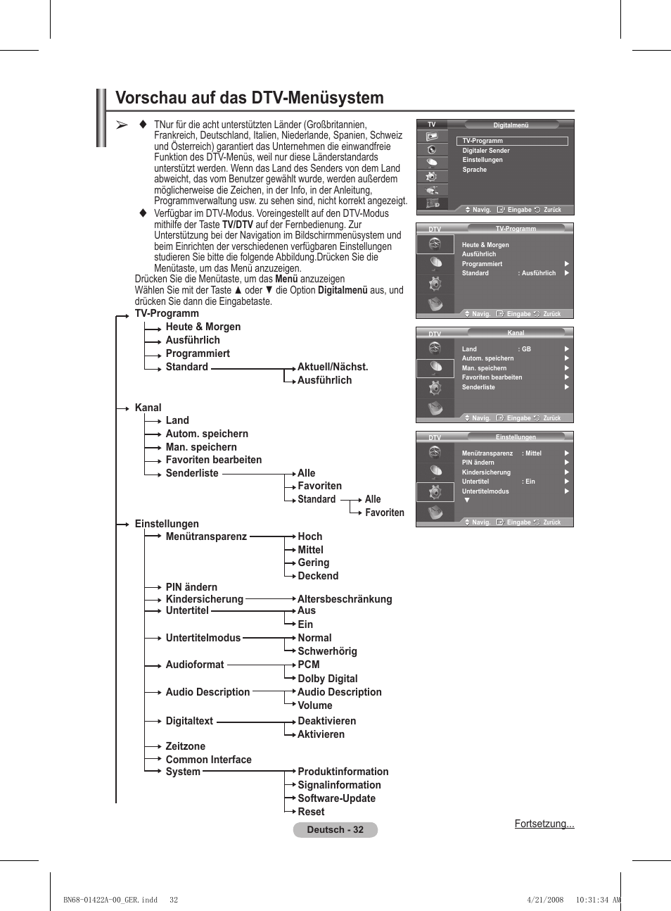 Vorschau auf das dtv-menüsystem | Samsung PS50A476P1D User Manual | Page 143 / 444