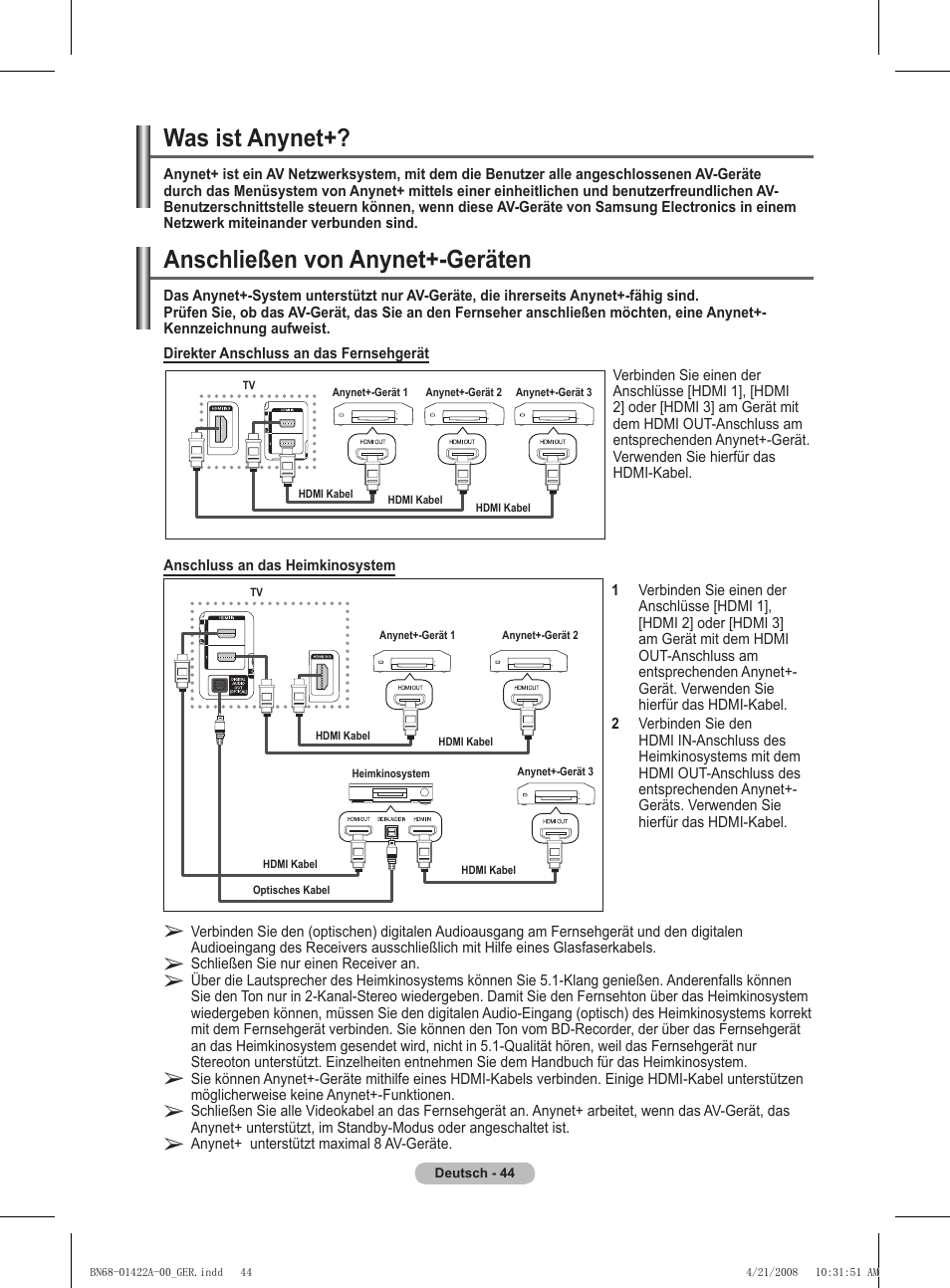Anschließen von anynet+-geräten, Was ist anynet | Samsung PS50A476P1D User Manual | Page 155 / 444