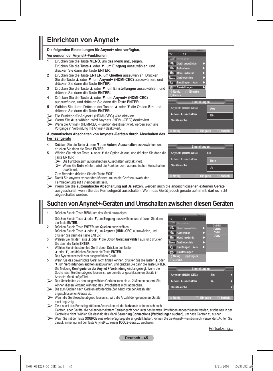 Einrichten von anynet | Samsung PS50A476P1D User Manual | Page 156 / 444