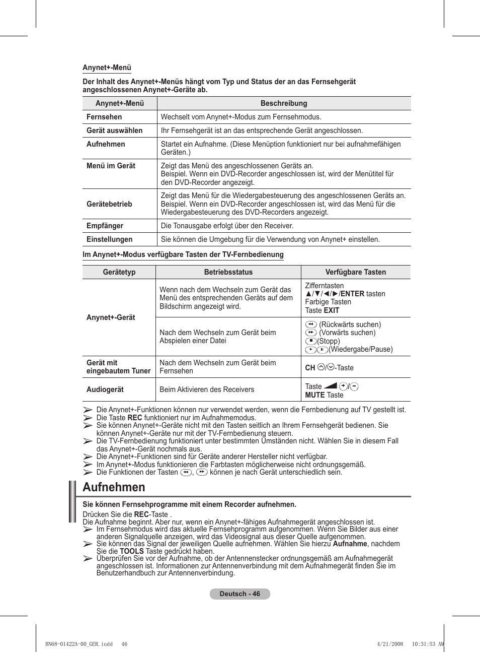 Aufnehmen | Samsung PS50A476P1D User Manual | Page 157 / 444