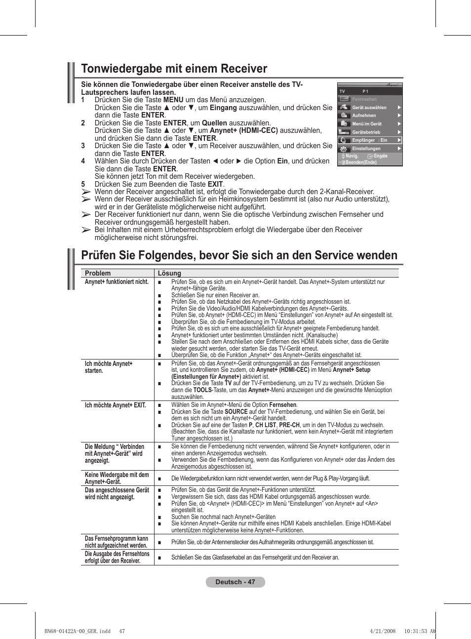 Tonwiedergabe mit einem receiver | Samsung PS50A476P1D User Manual | Page 158 / 444