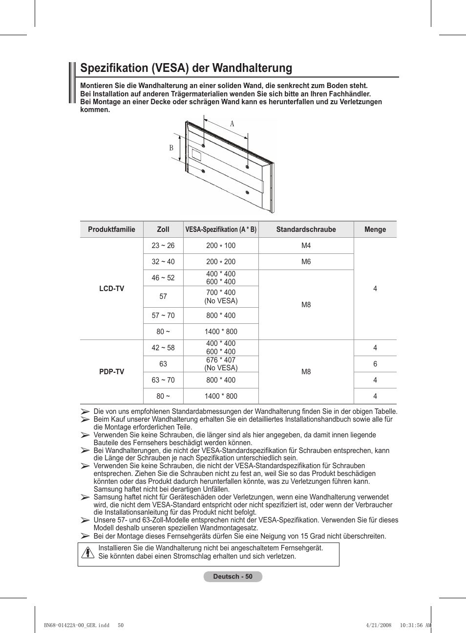 Spezifikation (vesa) der wandhalterung | Samsung PS50A476P1D User Manual | Page 161 / 444