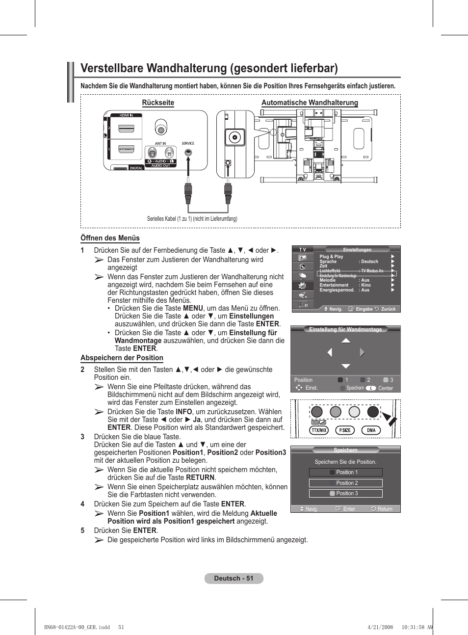 Verstellbare wandhalterung (gesondert lieferbar) | Samsung PS50A476P1D User Manual | Page 162 / 444