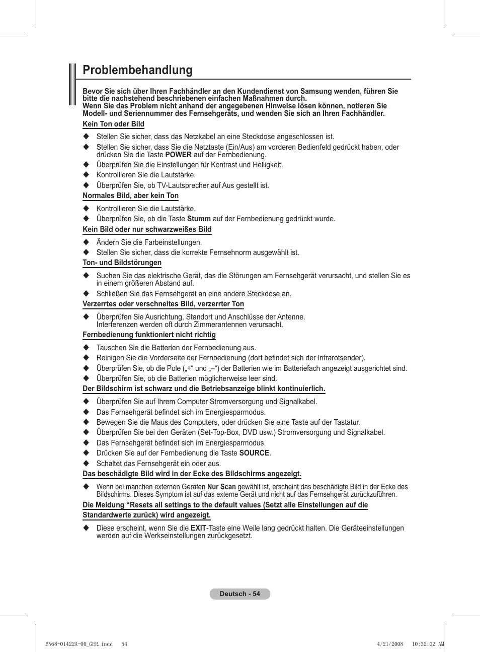 Problembehandlung | Samsung PS50A476P1D User Manual | Page 165 / 444