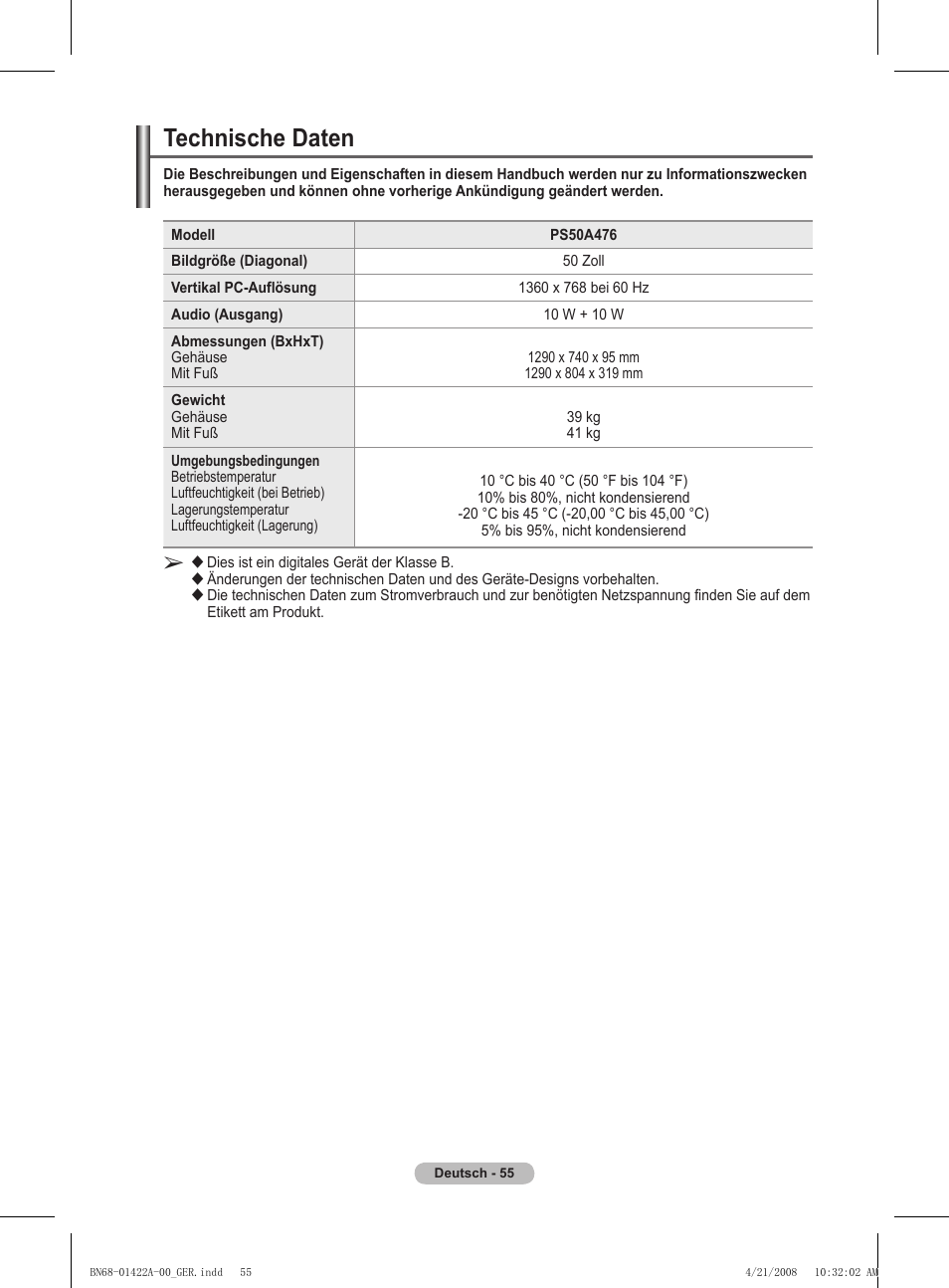 Technische daten | Samsung PS50A476P1D User Manual | Page 166 / 444