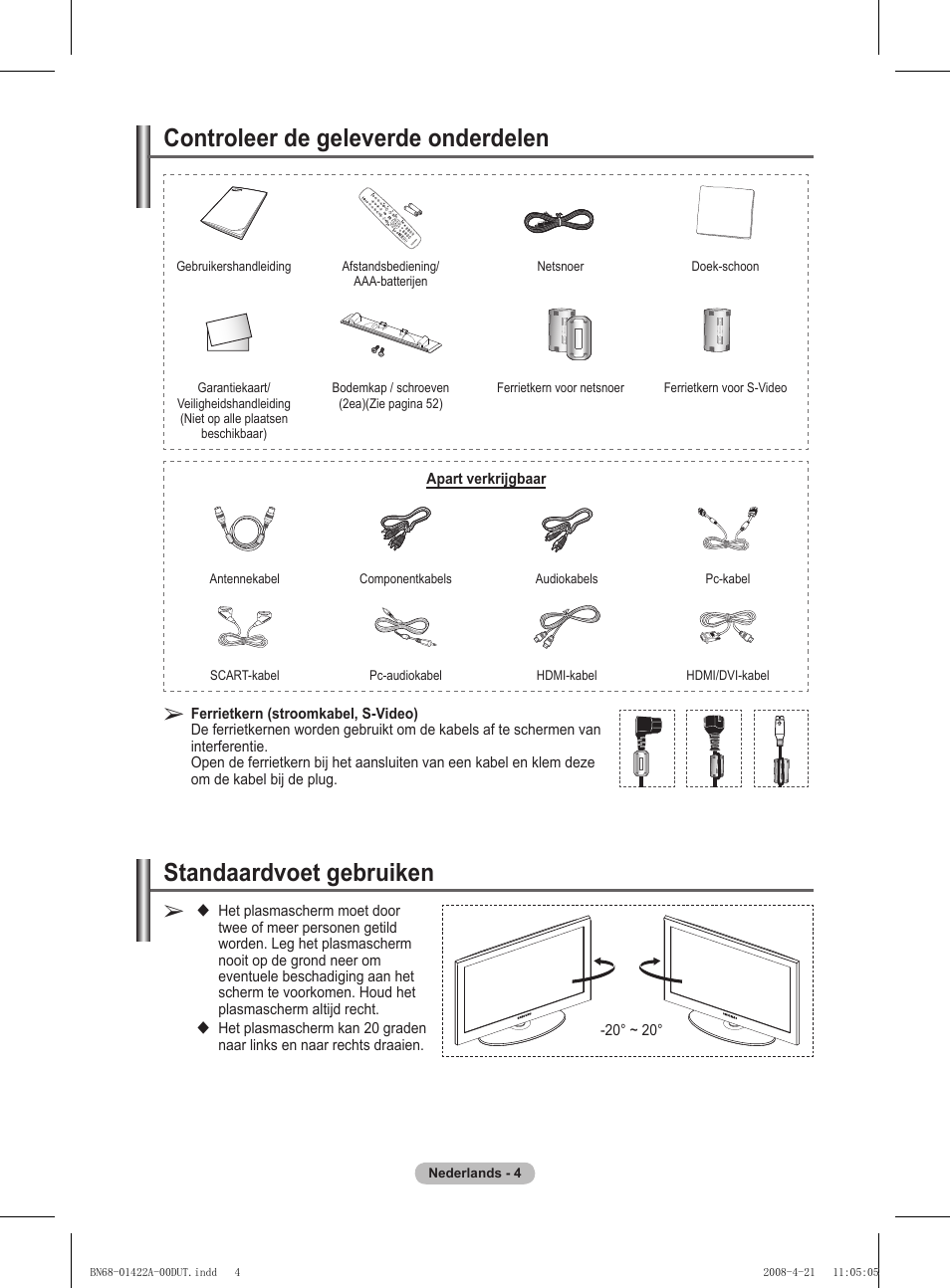 Standaardvoet gebruiken, Controleer de geleverde onderdelen | Samsung PS50A476P1D User Manual | Page 170 / 444