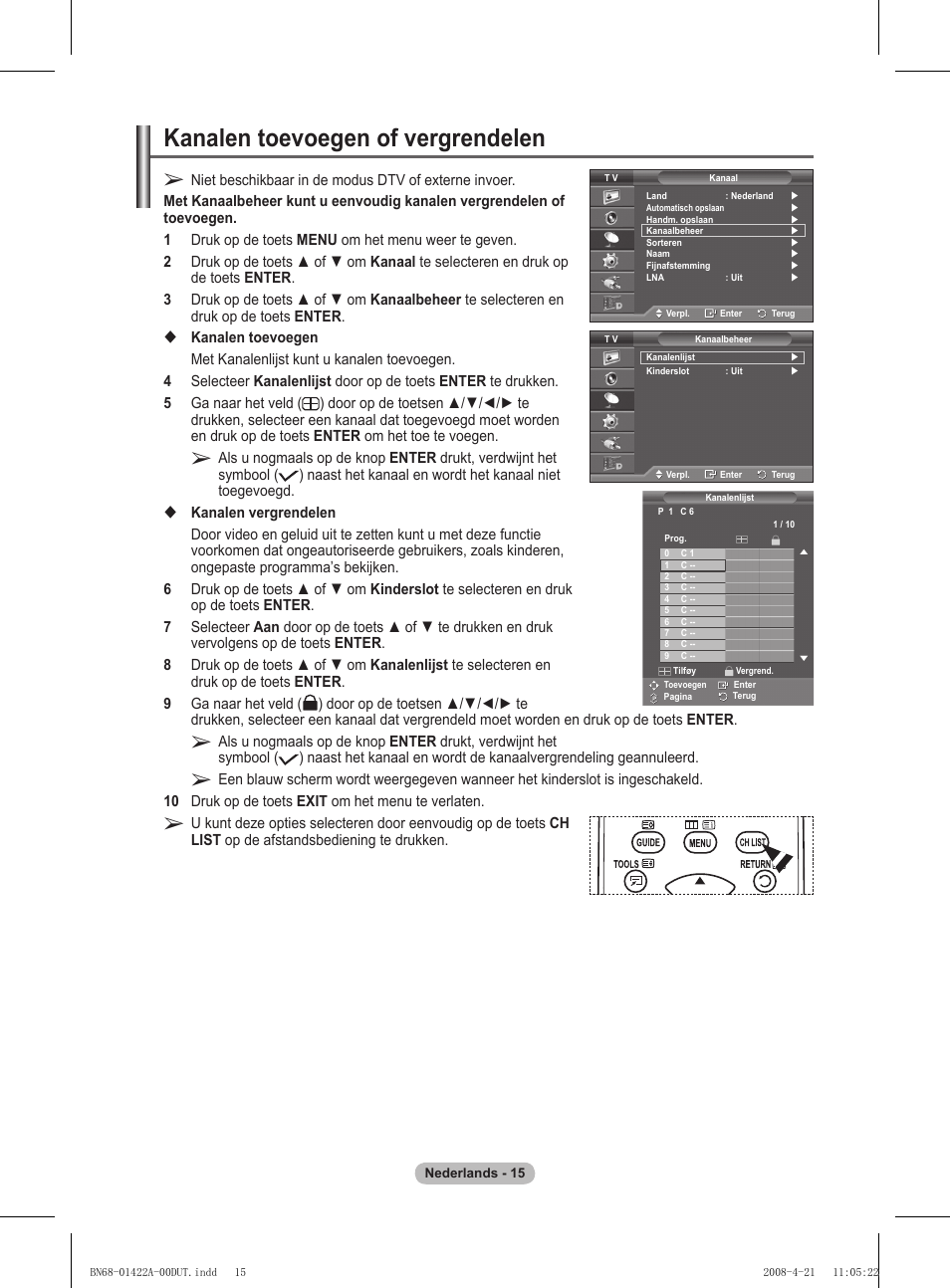 Kanalen toevoegen of vergrendelen | Samsung PS50A476P1D User Manual | Page 181 / 444